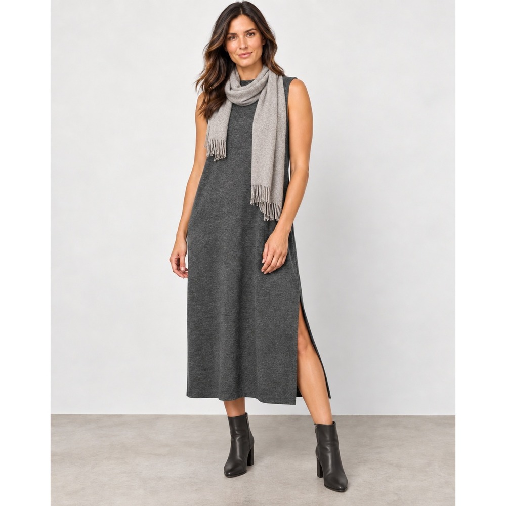 Eileen Fisher Gray Lagenlook Tencel Lyocell Mock Neck Sleeveless Midi dress XS
